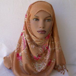 Golden Tan Embroidered Scarves Paisley Hijab 26 x 70 Shawl Shoulder Wrap